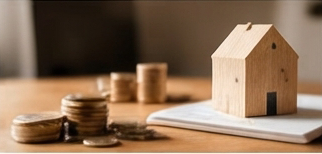 Pièces de monnaie et maquette de maison symbolisant le budget