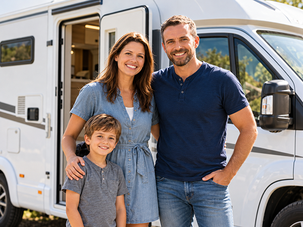 Famille souriante devant son camping-car, accompagnée par l'équipe Camping Car Avenir