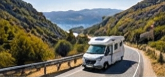 Camping-car compact roulant sur une route côtière