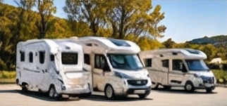 Camping-cars, fourgon et van garés côte à côte
