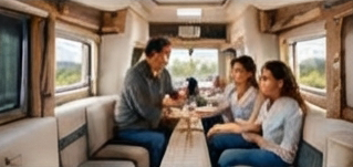 Famille attablée à l'intérieur d'un camping-car
