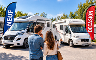 Camping-cars, fourgon et van garés côte à côte