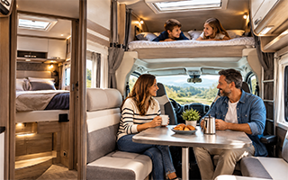 Camping-cars, fourgon et van garés côte à côte