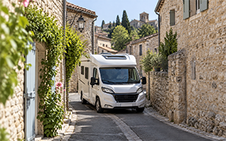 Camping-cars, fourgon et van garés côte à côte